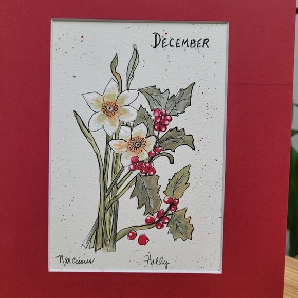 Original  Watercolor Christmas Holly Narcissus Painting Art 8" x 10" Mat - Picture 6 of 7